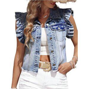 Women’s Solid Blue SOLY HUX Denim Jacket Ruffle Cap Sleeve Cropped Trendy